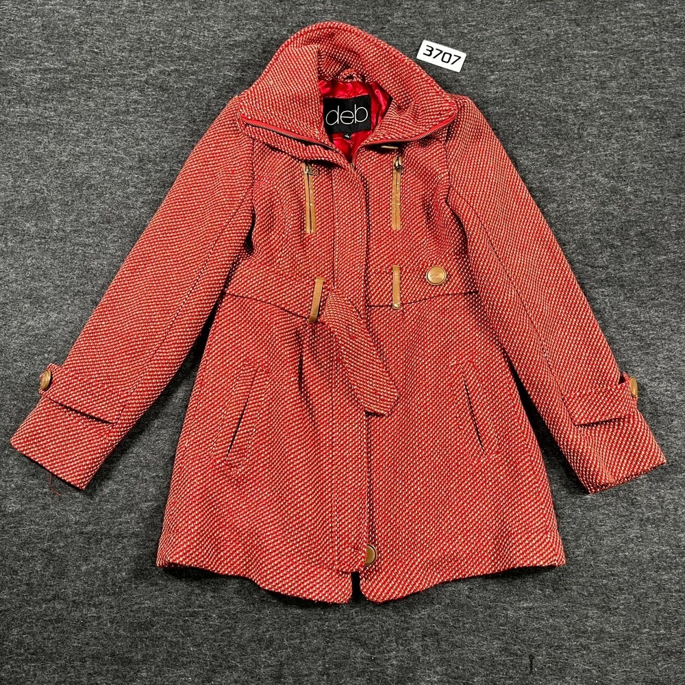 Deb Pea Coat Womens Large Red Textured Funnel Neck Belted Waist Full Zip Winter‎